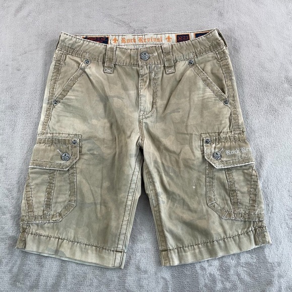 Rock Revival Cargo Shorts Men 32 Beige Tan Green Camouflage Twill